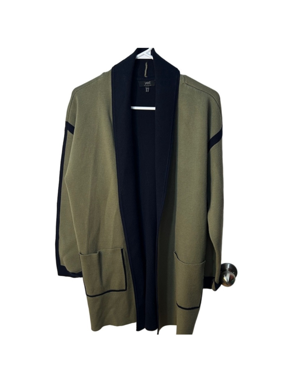 Yest The Netherlands Olive Green Open Front Cardigan with Black Trim size 10